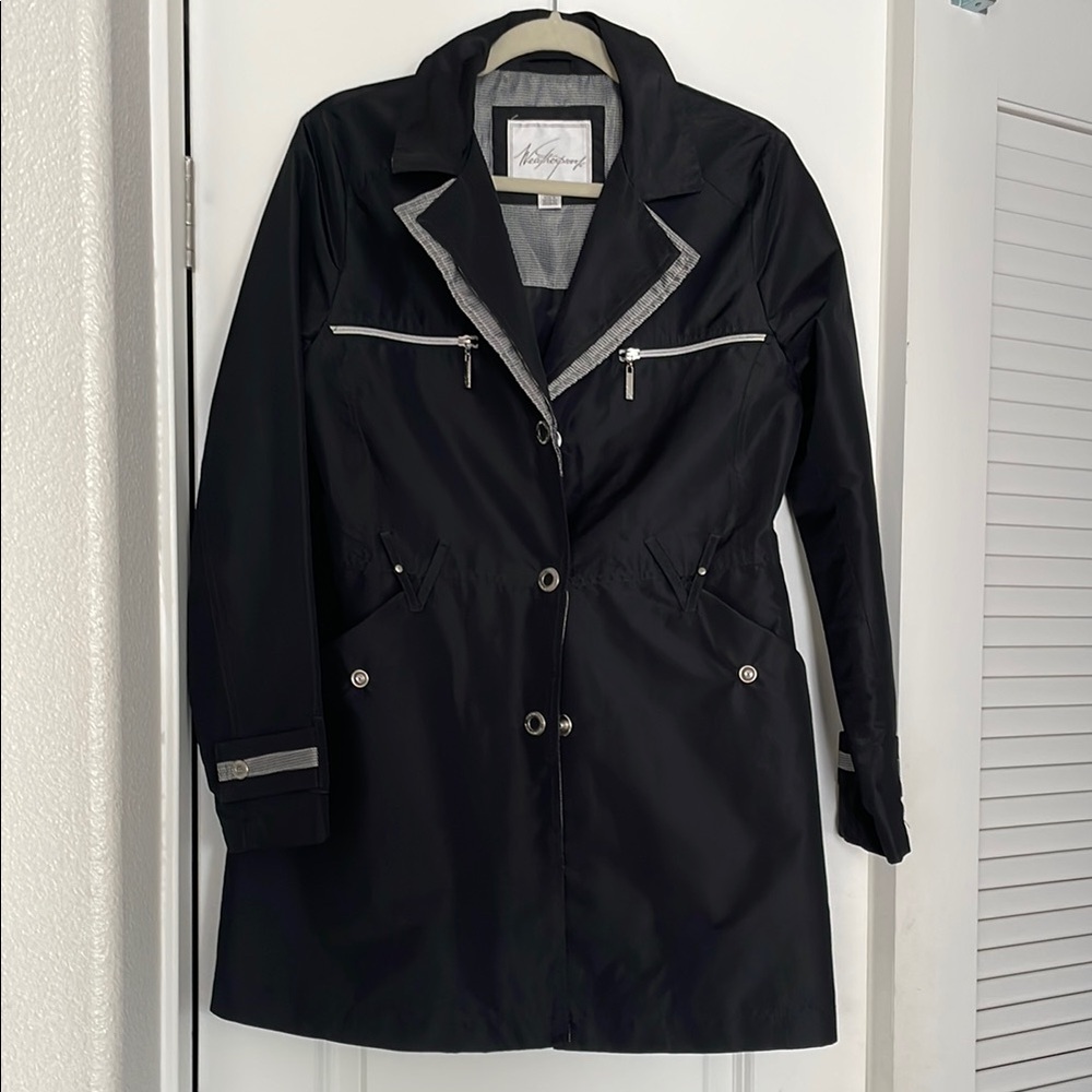 Stylish Black Rain Coat With Gingham Trim